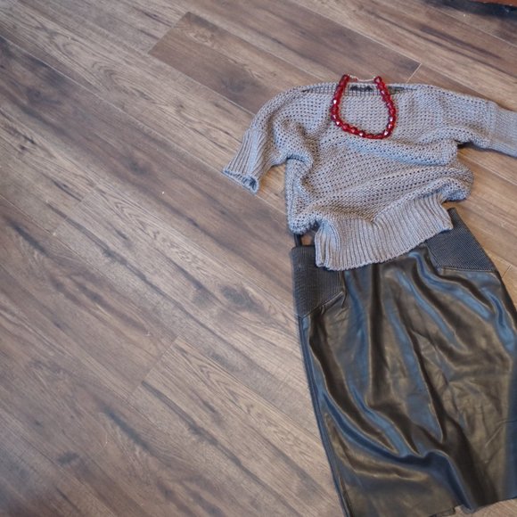 Gray Knit Sprit Sweater& Faux Leather Skirt - Picture 9 of 15